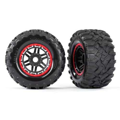 AX8972R Tires &amp; wheels, assembled, glued (black, red beadlock style wheels, Maxx® MT tires, foam inserts) (2) (17mm splined) (TSM® rated)