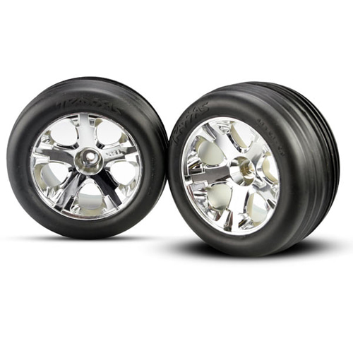 AX3771 Tires &amp; wheels assembled glued (2.8&quot;)(All-Star chrome wheels Ribbed tires foam inserts) (electric front) (2)