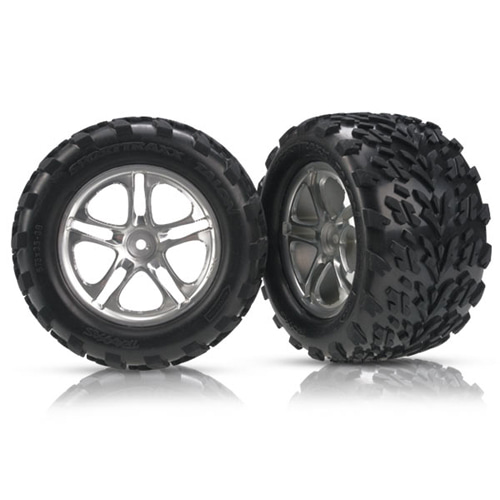 AX5174A Tires &amp; wheels assembled glued (Split-Spoke satin-finish wheels Talon tires foam inserts) (2) (fits Maxx w/sealed pivot ball suspension &amp; Revo)
