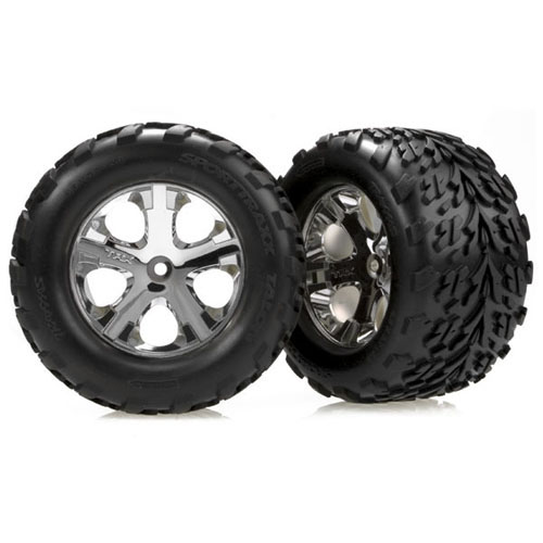 AX3669 Tires &amp; wheels- assembled- glued (2.8&#039;&#039;) (All-Star chrome wheels- Talon tires- foam inserts) (nitro rear/ electric front) (2)