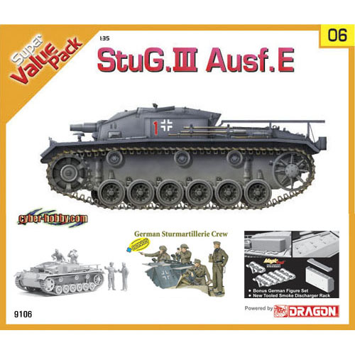 BD9106 1/35 StuG. III Ausf.E with valued added Smoke Discharger rack newly designed Inspection hatches additional Radio Pannier bonus German figure set and Magic tracks