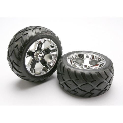 AX5576R Tires &amp; wheels assembled glued (All-Star chrome wheels Anaconda tires foam inserts) (nitro rear/ electric front)