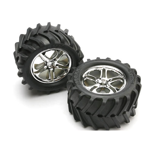 AX5173 Tires &amp; wheels assembled glued -14 mm (SS (Split-Spoke) chrome wheels Maxx tires foam inserts) (2) (fits Maxx/Revo series)