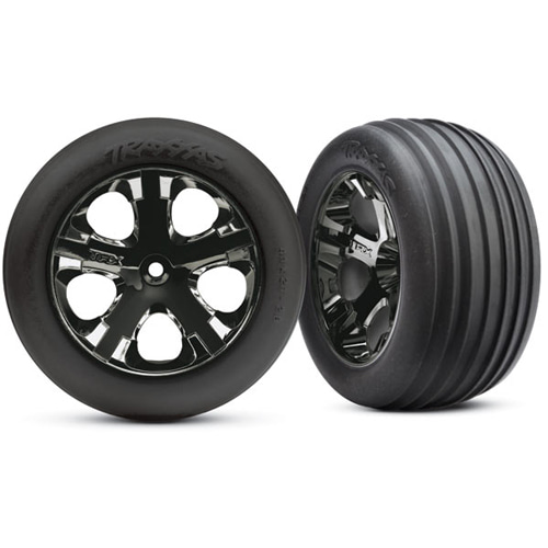 AX3771A Tires &amp; wheels assembled glued (2.8&quot;)(All-Star chrome wheels Ribbed tires foam inserts) (electric front) (2)