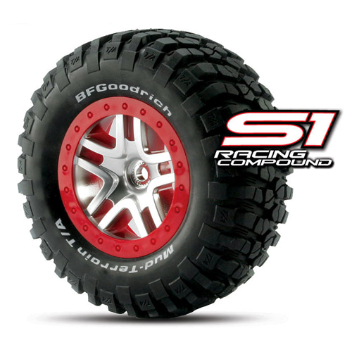 AX6873R Tires &amp; wheels assembled glued (S1 ultra-soft off-road racing compound) (SCT Split-Spoke chrome red beadlock style wheels BFGoodrich® Mud-Terrain™ T/A® KM2 tires foam inserts) (2)